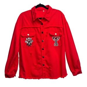 Texas Tech Red Raiders Denim Shirt Jacket Womens XL Distressed Sequin Guns Up